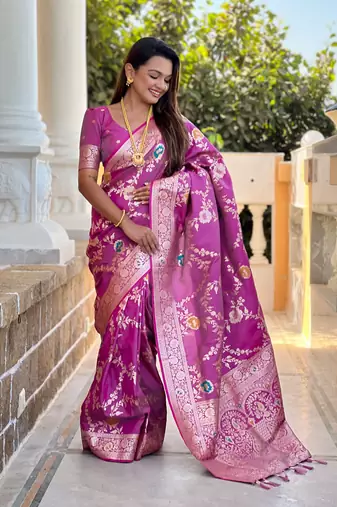 Onion art faux banarasi silk blend meenakari woven saree