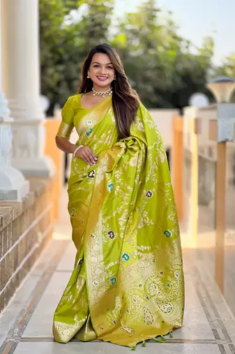 Parrot green art banarasi silk meenakari woven saree