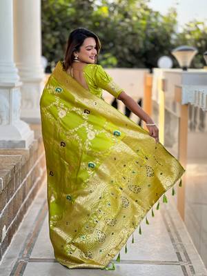 Parrot green art faux banarasi silk blend meenakari woven saree 2