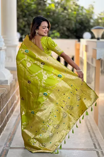 Parrot green art faux banarasi silk blend meenakari woven saree