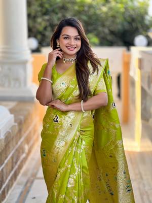 Parrot green art faux banarasi silk blend meenakari woven saree 3