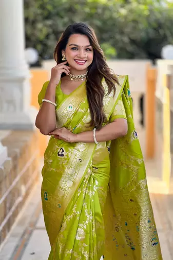 Parrot green art faux banarasi silk blend meenakari woven saree