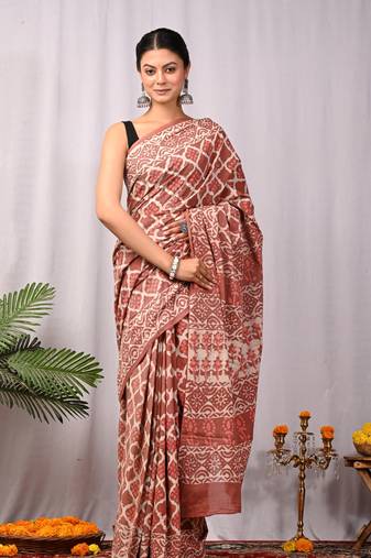 Rust   soft mulmul cotton dabu block print saree with blouse piece