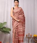 Rust   soft mulmul cotton dabu block print saree with blouse piece
