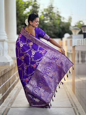Purple art faux banarasi silk blend meenakari woven saree 2