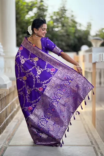 Purple art faux banarasi silk blend meenakari woven saree