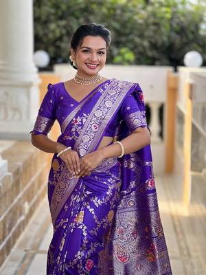 Purple art faux banarasi silk blend meenakari woven saree 3