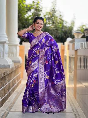 Purple art faux banarasi silk blend meenakari woven saree 4