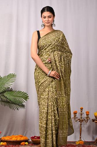 Olive   soft mulmul cotton dabu block print saree with blouse piece