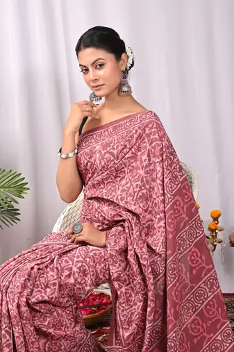 Pink   soft mulmul cotton dabu block print saree with blouse piece