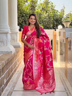 Pink art faux banarasi silk blend meenakari woven saree 1