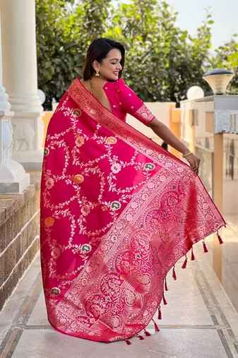 Pink art faux banarasi silk blend meenakari woven saree