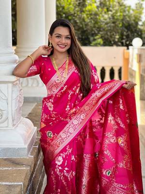 Pink art faux banarasi silk blend meenakari woven saree 3