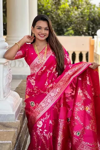 Pink art faux banarasi silk blend meenakari woven saree
