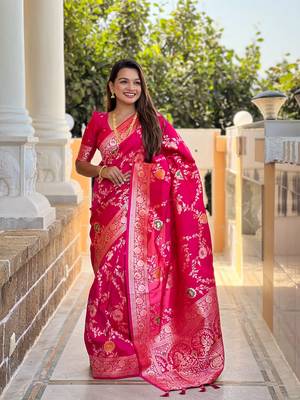 Pink art faux banarasi silk blend meenakari woven saree 4