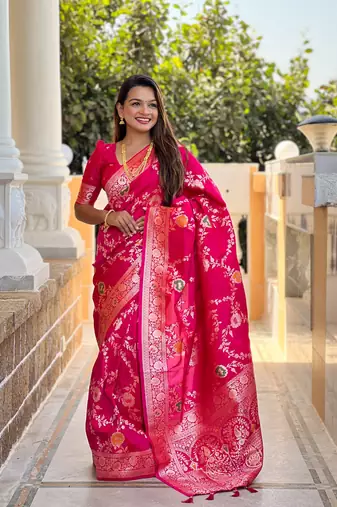 Pink art faux banarasi silk blend meenakari woven saree