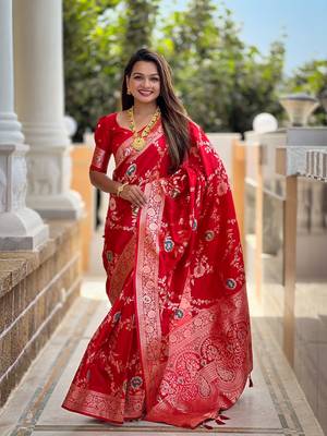 Red art faux banarasi silk blend meenakari woven saree 1