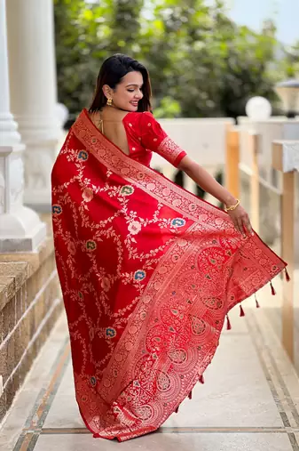 Red art faux banarasi silk blend meenakari woven saree