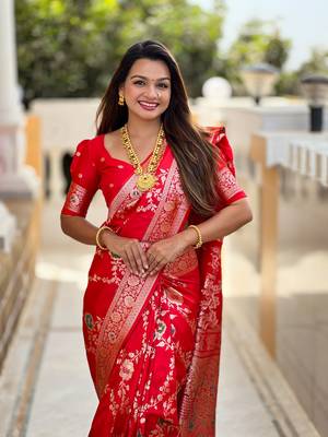 Red art faux banarasi silk blend meenakari woven saree 3