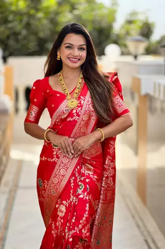 Red art faux banarasi silk blend meenakari woven saree