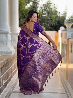 Violet art faux banarasi silk blend meenakari woven saree 2
