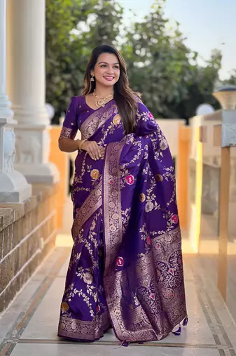 Violet art faux banarasi silk blend meenakari woven saree