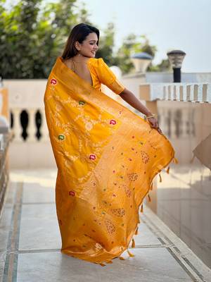 Yellow art faux banarasi silk blend meenakari woven saree 2