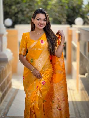 Yellow art faux banarasi silk blend meenakari woven saree 3