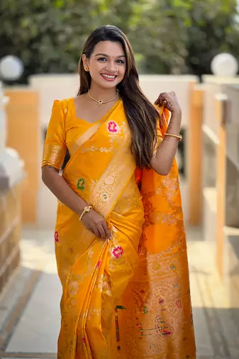 Yellow art faux banarasi silk blend meenakari woven saree