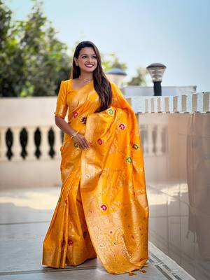 Yellow art faux banarasi silk blend meenakari woven saree 4