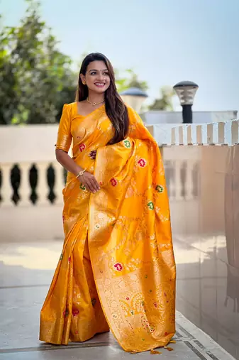 Yellow art faux banarasi silk blend meenakari woven saree
