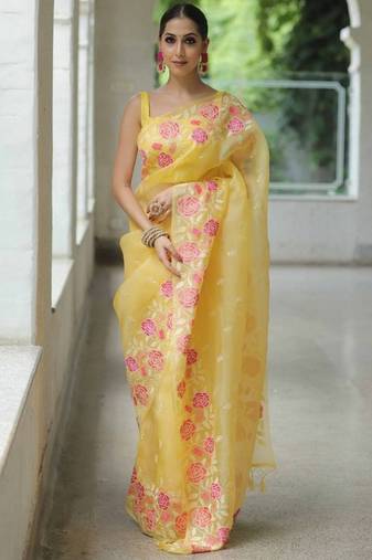 Yellow organza embroidered saree