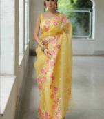 Yellow organza embroidered saree