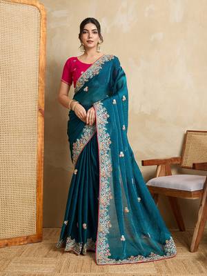Teal blue embroidery work frendy chiffon saree 1