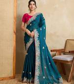Teal blue embroidery work frendy chiffon saree