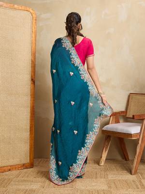 Teal blue embroidery work frendy chiffon saree 2