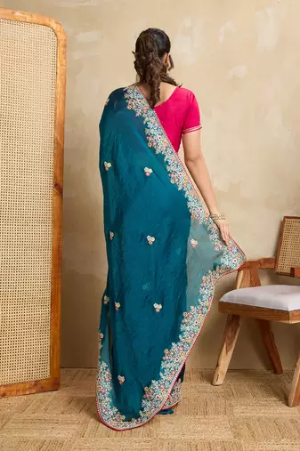 Teal blue embroidery work frendy chiffon saree