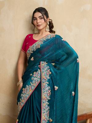 Teal blue embroidery work frendy chiffon saree 3