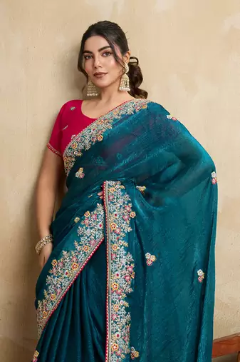 Teal blue embroidery work frendy chiffon saree