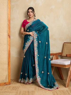Teal blue embroidery work frendy chiffon saree 4