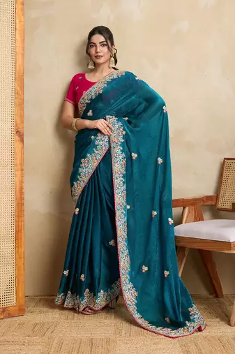 Teal blue embroidery work frendy chiffon saree