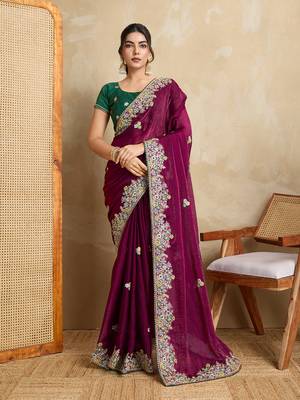Purple embroidery work frendy chiffon saree 1