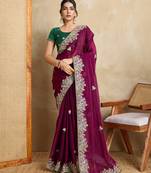 Purple embroidery work frendy chiffon saree