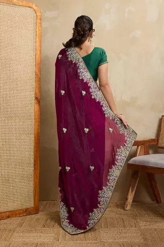 Purple embroidery work frendy chiffon saree