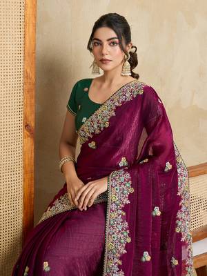 Purple embroidery work frendy chiffon saree 3
