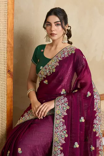Purple embroidery work frendy chiffon saree