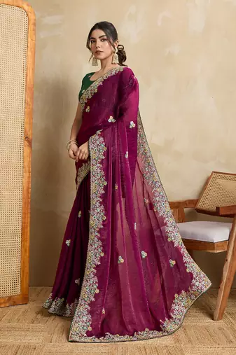 Purple embroidery work frendy chiffon saree