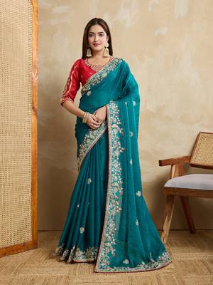 Teal green embroidery work frendy chiffon saree 1