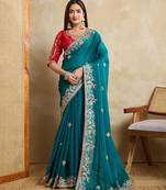 Teal green embroidery work frendy chiffon saree