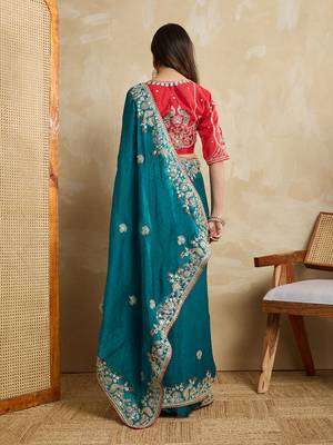 Teal green embroidery work frendy chiffon saree 2